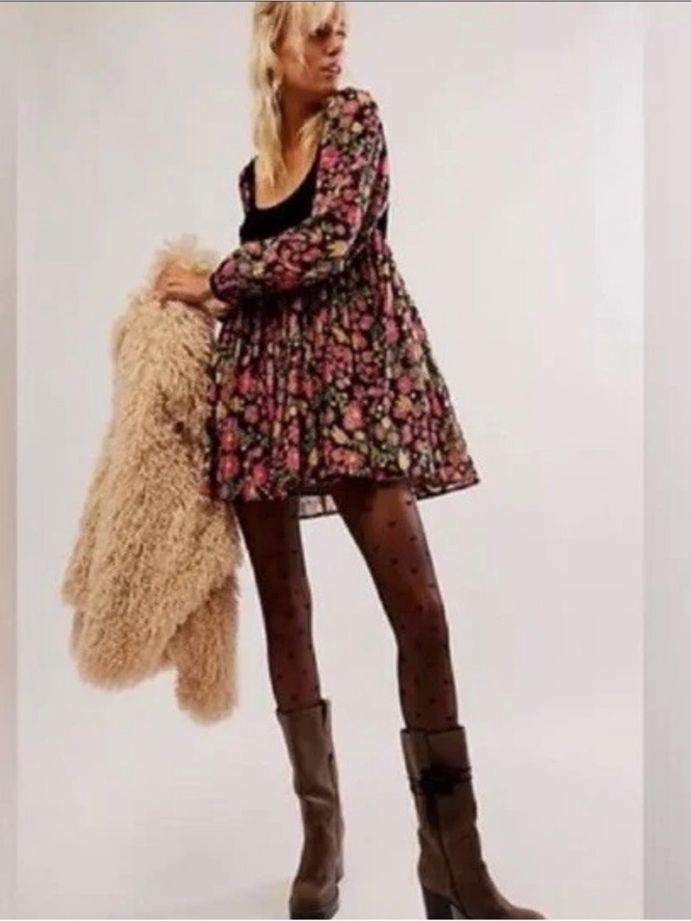 Free People Marsha Velvet Smocked Babydoll Mini Dress with Pink & Green Print